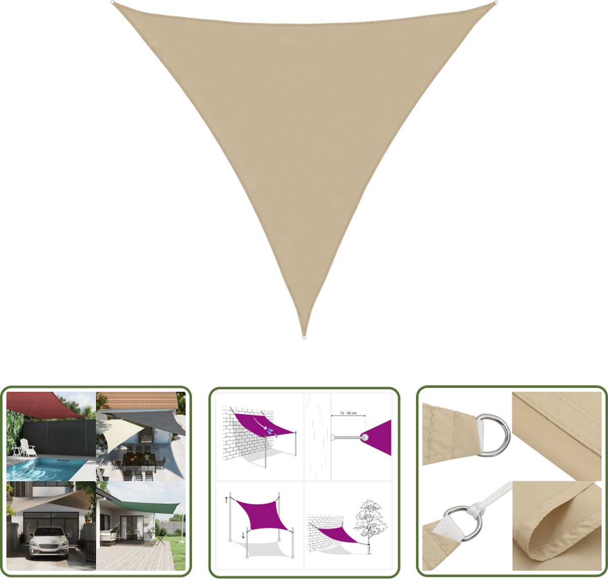 Durable beige triangular outdoor sun shade canopy made of oxford fabric by The Living Store.