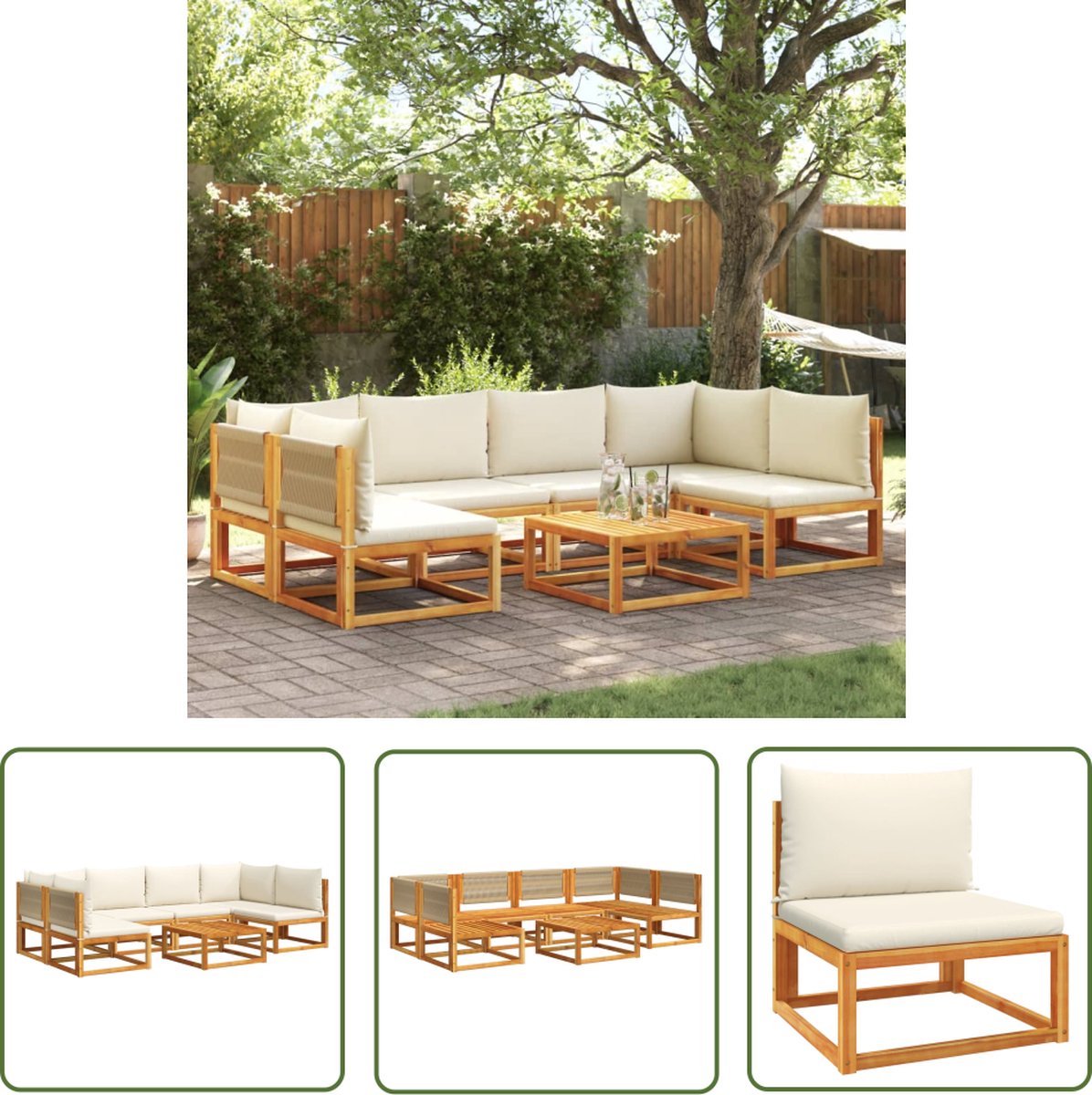 The Living Store Zithoek Loungeset - 65x65x29 cm - Acaciahout - Beige Touw - CrÃ¨mewit Kussen Loungeset - Tuinlounge - Acacia Hout - Outdoor Furniture - Lounge Set - Balkon Meubel - Buitendecoratie - Gardenfurniture