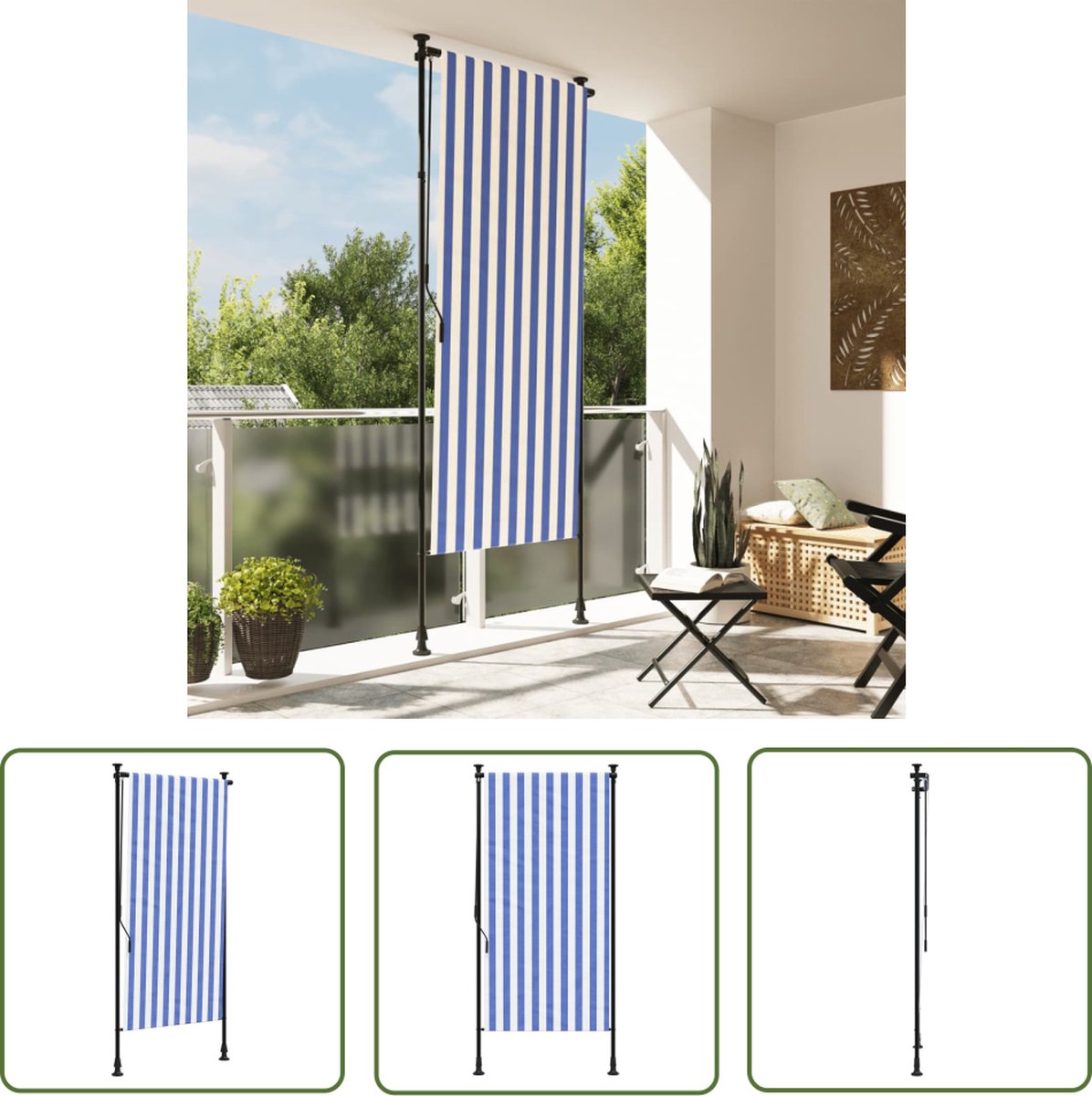 Blue and white outdoor roll screen with fabric and steel, measuring 100x270 cm - The Living Store.