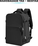 Zwarte handbagage rugzak met USB-poort en gespen.