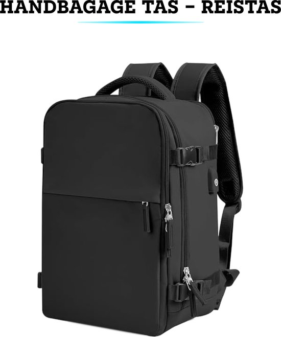 Zwarte handbagage rugzak met USB-poort en gespen.