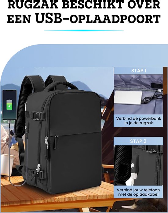 Zwarte rugzak met USB-oplaadpoort, verbinding voor powerbank en telefoon.