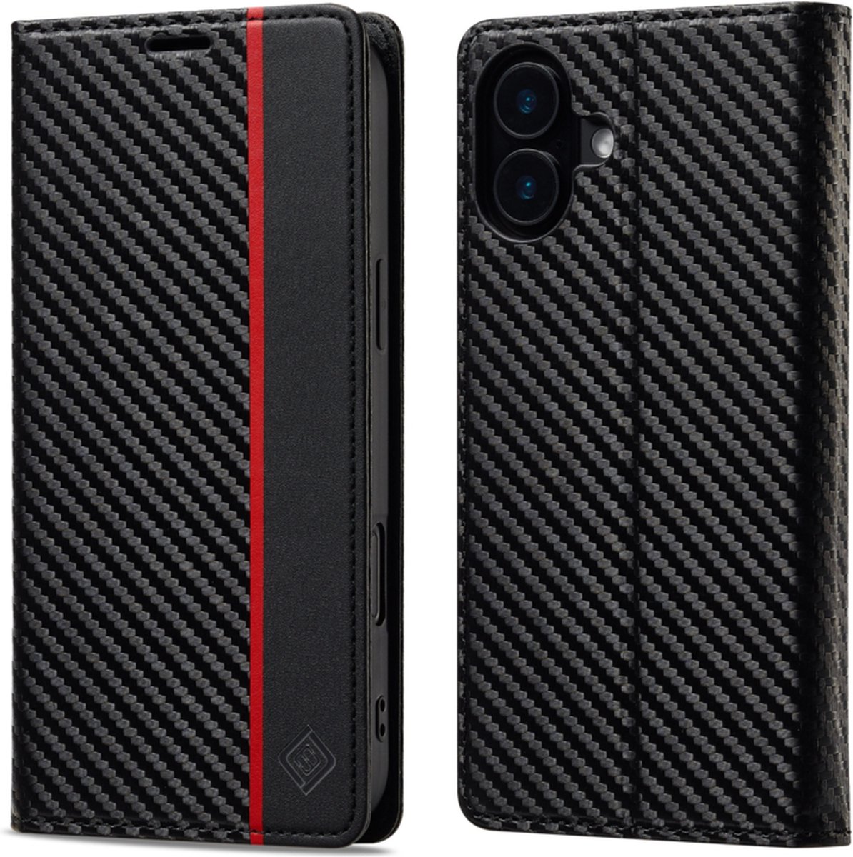 Luxe BookCover Hoes Etui geschikt voor iPhone 16 - Zwart-Rood-Carbon