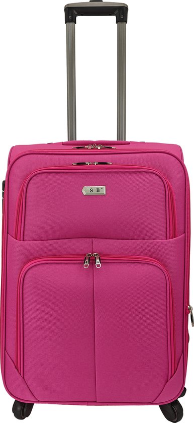 Roze reiskoffer met uitgeschoven handvat, twee voorvakken en wielen.