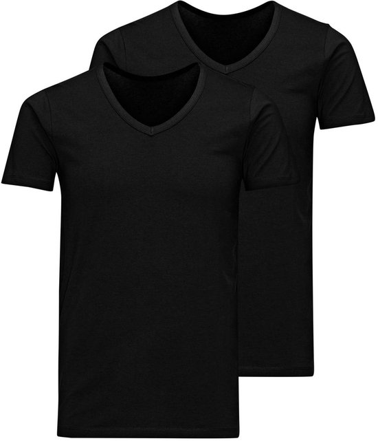 Twee zwarte heren T-shirts met V-hals van Jack & Jones, op elkaar gestapeld.