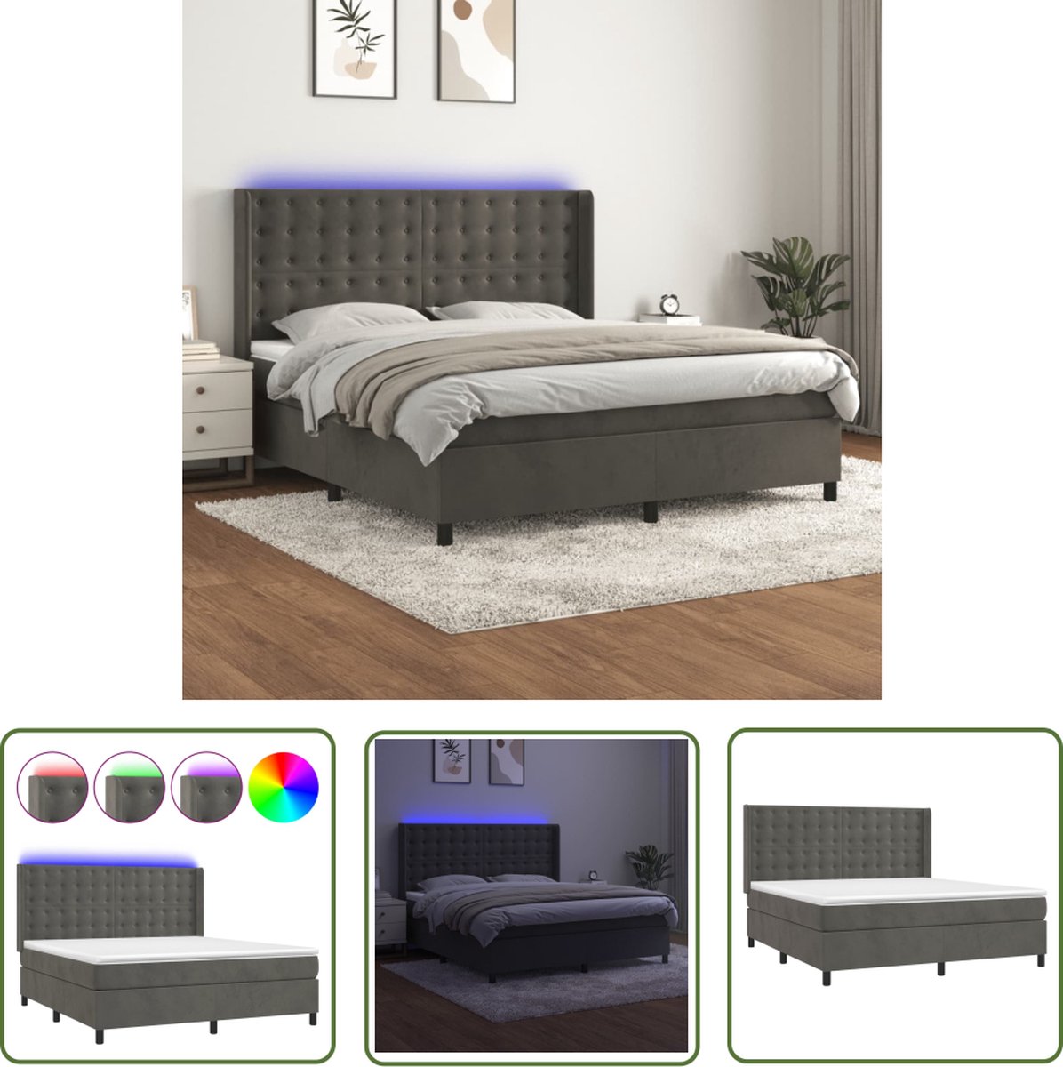 The Living Store Boxspring Donkergrijs Fluweel - 160x200x118/128 cm - LED