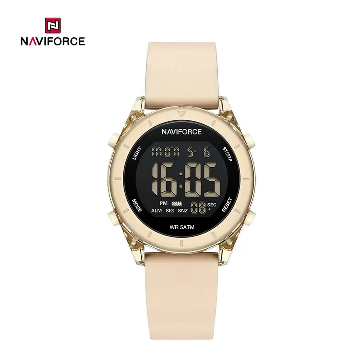 NAVIFORCE horloge met beige siliconen polsband, beige wijzerplaat en zwarte horlogekast voor jongens en meisjes met stijl ( model 7108 BGBG )