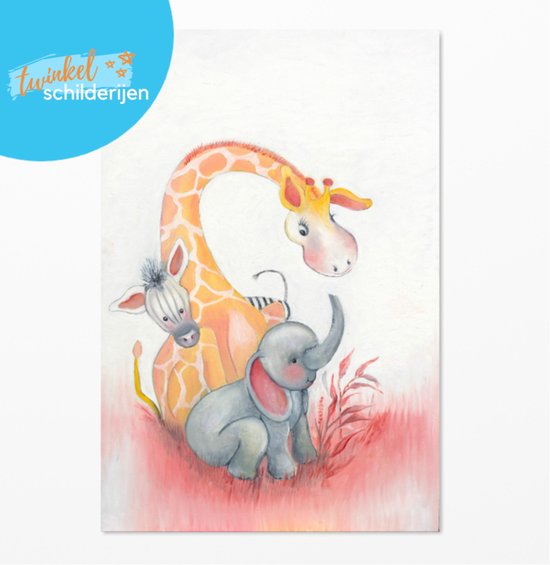 Een schilderij met een schattige babyolifant, giraf en zebra in zachtroze gras. Een blauwe cirkel met 'Twinkel schilderijen' staat linksboven.