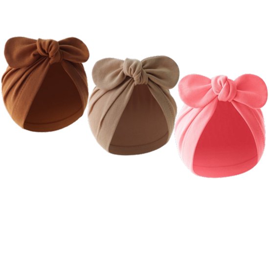 3 Stuks - Newborn Babymutsjes met Strik - 0-3 maanden - Bruin Beige Roze