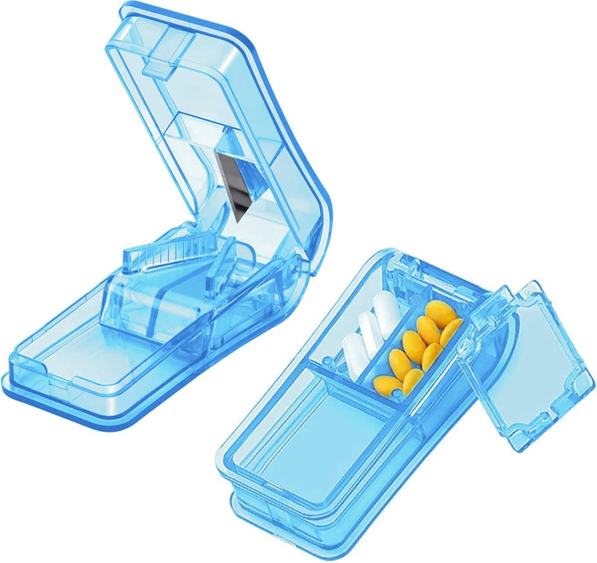Goedkoopste Pillensnijder - 2 Stuks Pillensplijter - Tablettensplitter - Medicijnsnijder - Pill Cutter - Bpa-Vrij - Bewaardoosje Voor Pillen - Pillendoosje Met Scherp Mesje - Geschikt Voor Harde Pillen - Kleine En Grote Pillen - Draagbaar Snijmechanisme - Blauw