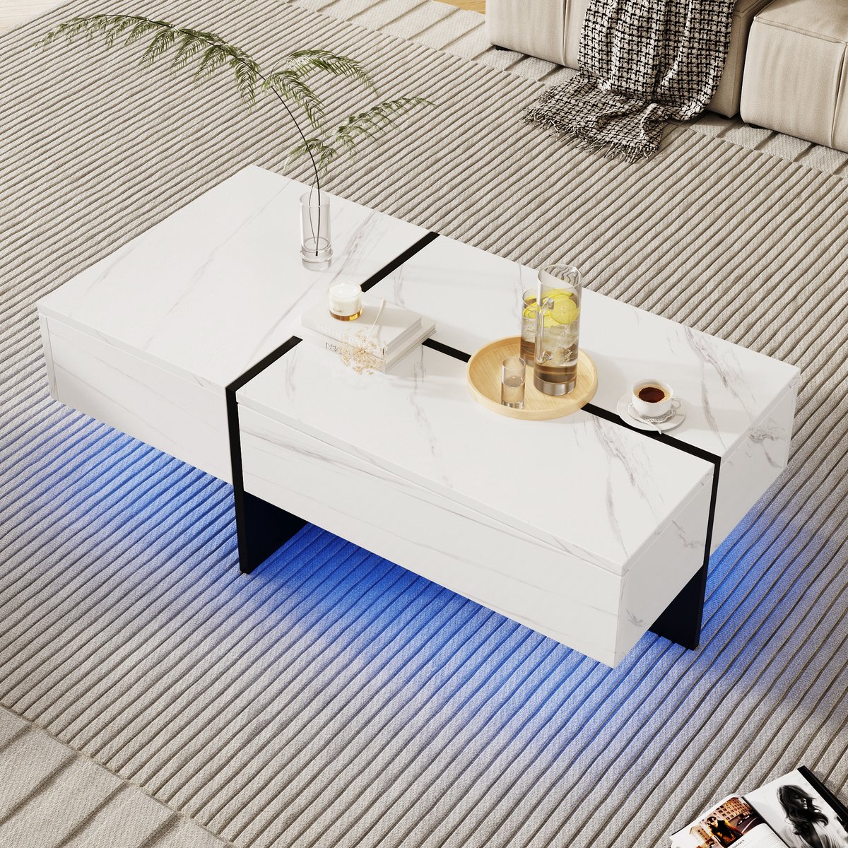 Gutent Hoogglans Salontafel, Wit, Sspaanplaatmateriaal, Opbergruimte met laden,Imitatiemarmerstructuur, 100*50*34,5 cm, met toepassingsgestuurd LED-verlichtingssysteem
