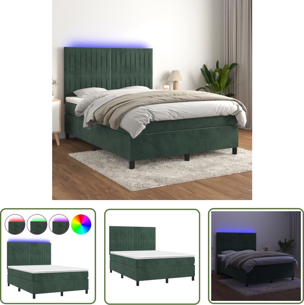 The Living Store Bed - Fluweel - Pocketvering - LED - 203x144x118/128 cm - Donkergroen
