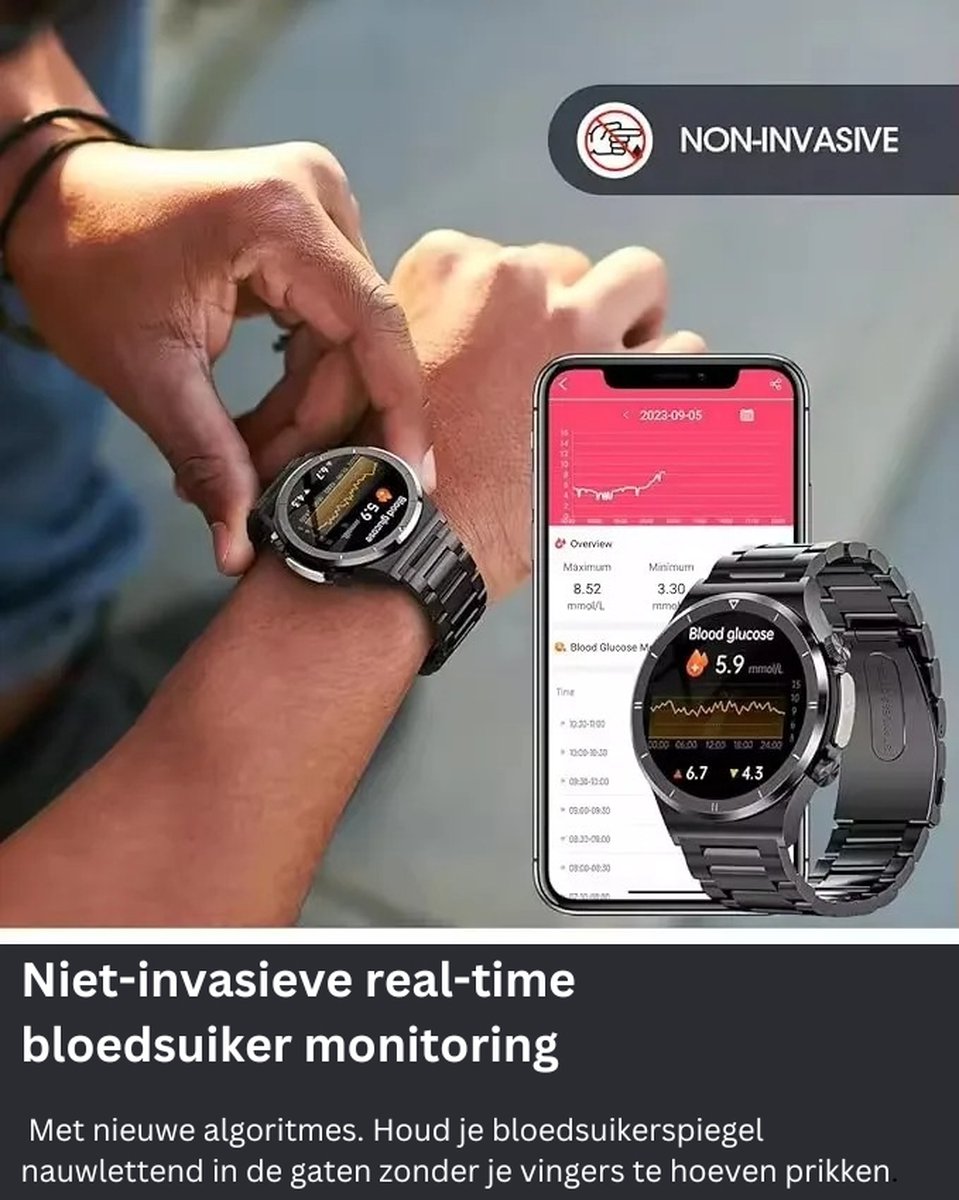 Afbeelding 2 van Bloedsuikermeter Smartwatch Black Steel Gezondheidstracker