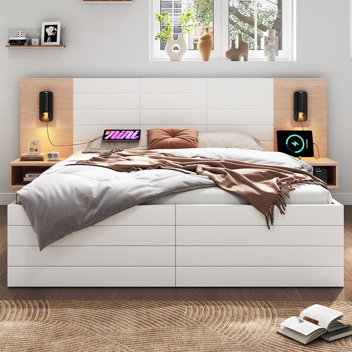 KOMHTOM Tweepersoonsbed met opbergruimte 180 x 200 cm met 2 lades hoofdeinde met leeslampj