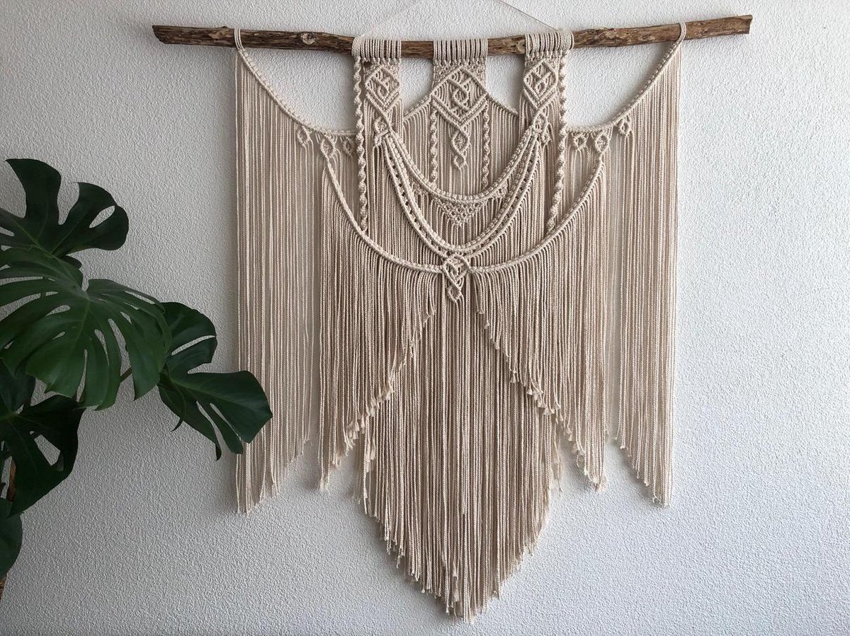 Handgeknoopte patronen , Bohemian knoopwerk , Knoopkunst, -MIMOSA-057-ECRU