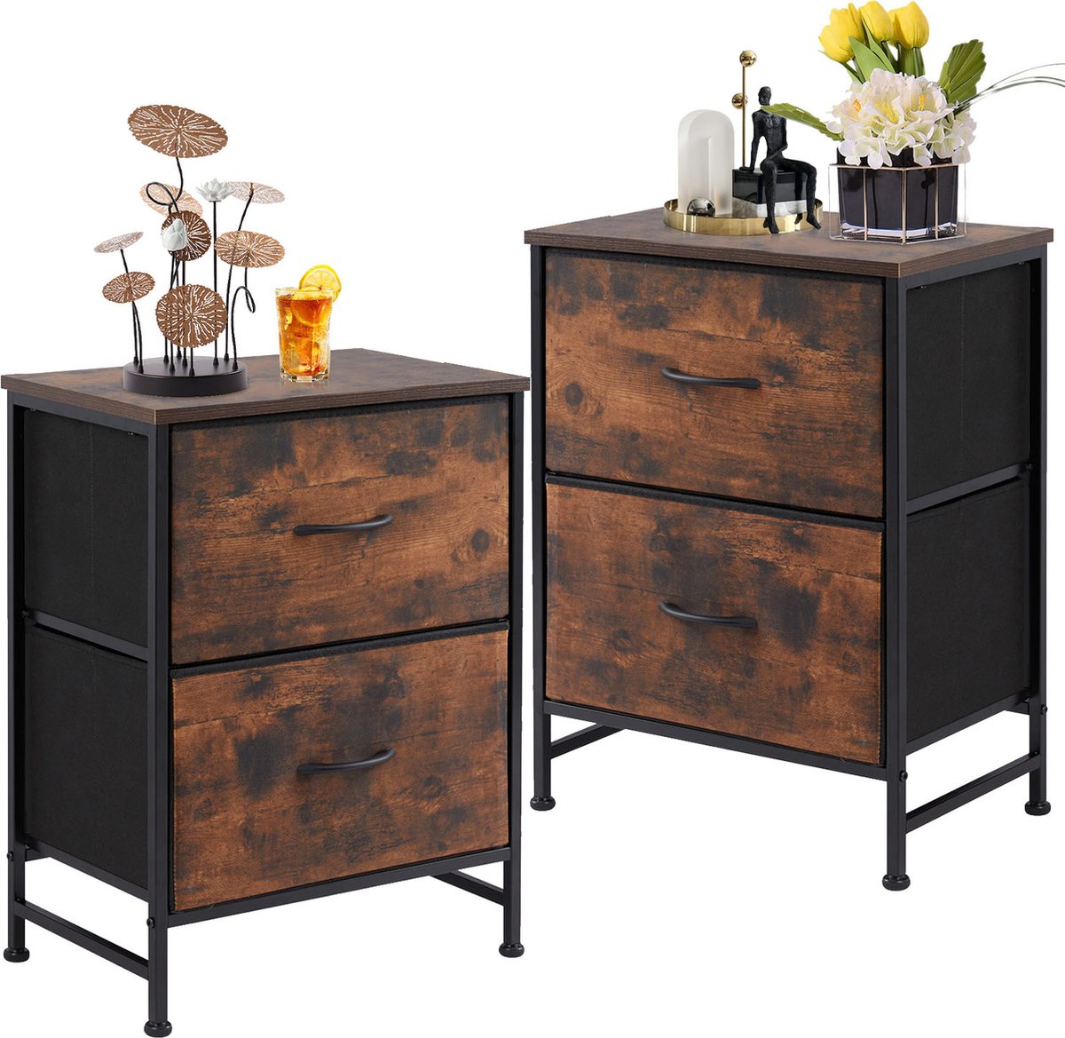 Nachtkastje set van 2 met 2 laden, stoffen commode, verticale opbergruimte, organizer, 50 cm hoog, maximale draagkracht 20 kg, voor slaapkamer, kantoor, wasruimte, hal, kinderkamer.-Roest