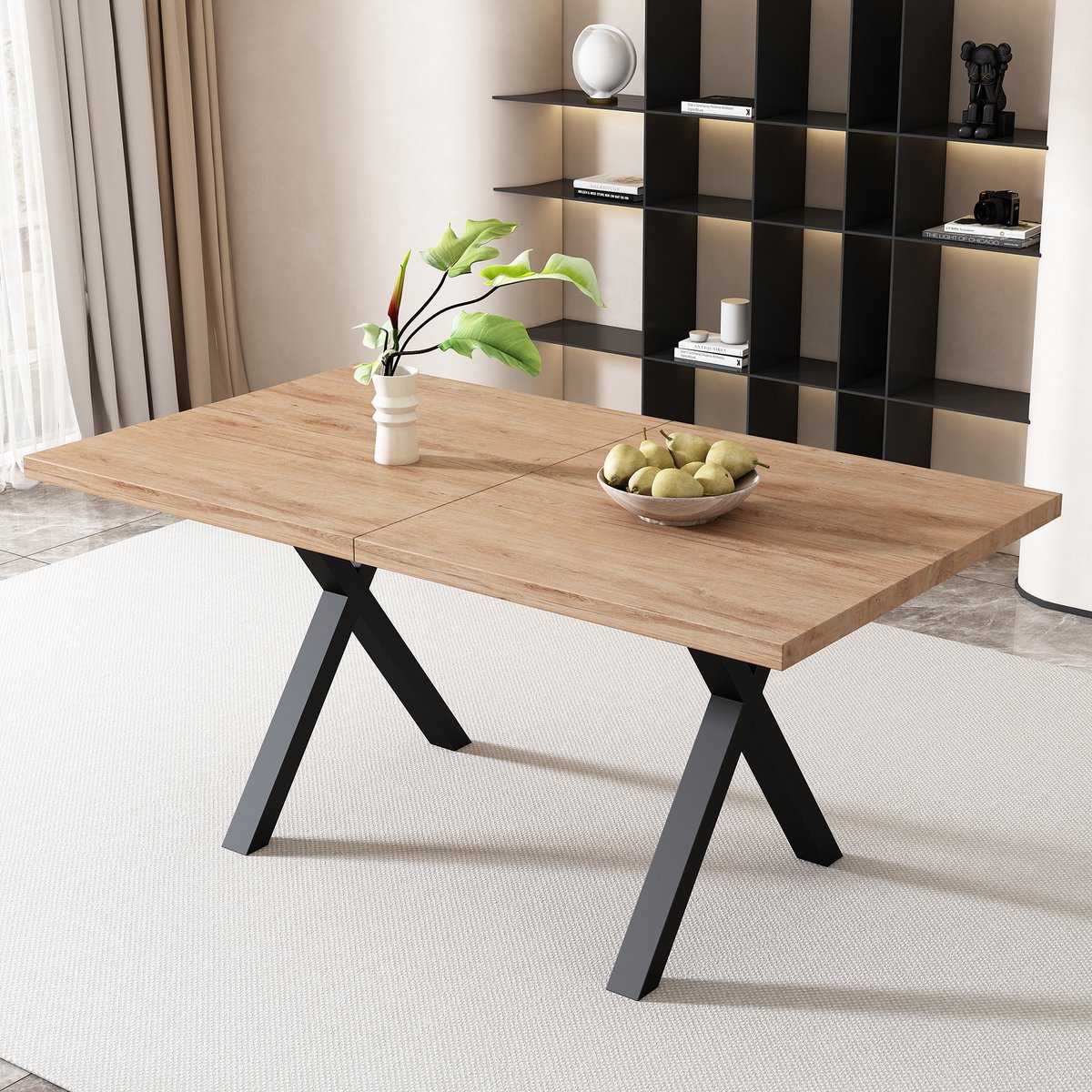 Gutent Eettafel, Eik + Zwart, Kruispoot Ontwerp, Rechthoekige Eettafel, Ijzeren eettafel, L140*B80*H76cm