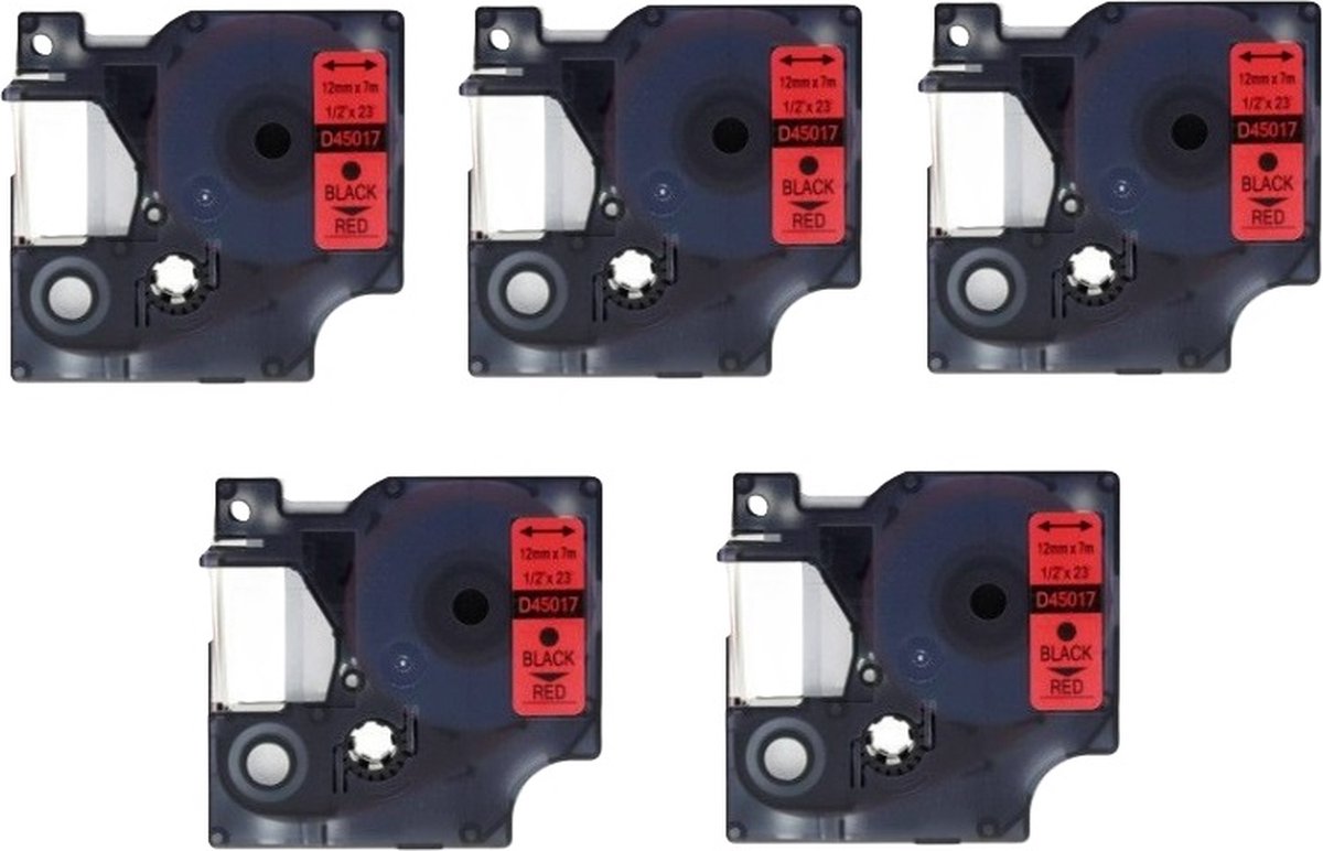 Label Tape Geschikt voor Dymo D1 45017 | 12 mm x 7 m | S0720570 - Zwart op Rood - 5 stuks - Geschikt voor: 100 100PLUS 120P 150 160 200 210D 220P 260P 280 300 350 350D 360D 400 400 Duo 420P 450 450D 450 Duo 500TS PnP Wireless PnP MobileLabeler PC