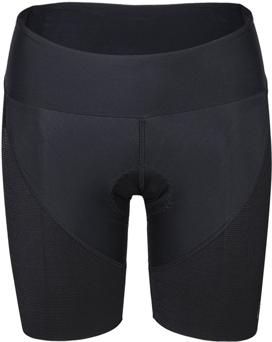 Cuissard de vélo noir pour femmes, sans bretelles, avec des côtés texturés et une zone d'assise rembourrée.