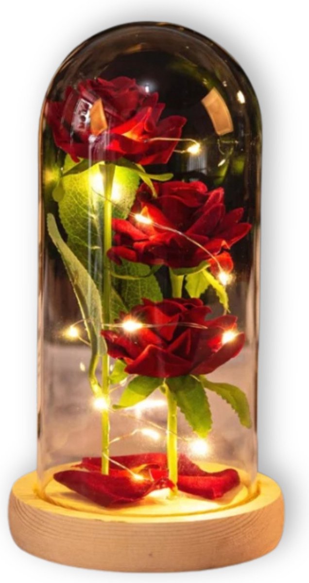 Liefdes Cadeau Rozen - Eeuwige Roos - 3x Rood Rozen in glas stolp met LED Verlichting - Lichte Voet - Romantisch Cadeau voor vrouw, vriendin, haar, mama, moeder - Verjaardag - Huwelijk - Kerst - Kunstbloemen