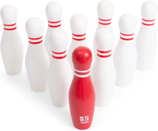 BS Toys Bowling Kegelspel - Actiespel - Bowlingset Kinderen - Spelletjes voor kinderen - Hout - Kinder Speelgoed 4 Jaar - Rood & Wit - 10 Kegels - Kinderspeelgoed - Cadeau kind