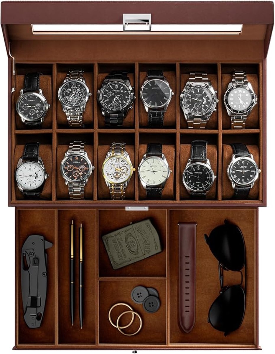 Horloge Box Organizer voor Mannen - 12 Slot Horloge Display Case met Lade - Mens Horloge Houder Horloge Case voor Mannen - 2-laags Sieraden en Horloge Opberggeval -12Slot - Espresso