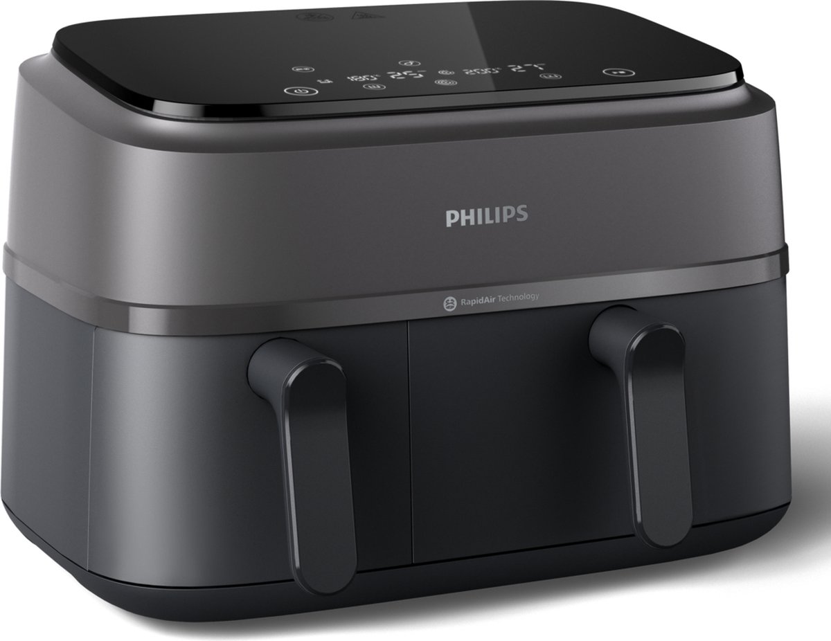 Philips 3000 Series Dual Airfryer - NA350/03 - Dubbele Mand - 9L - Tot 6 Personen - Zwart/Grijs - Met accessoires