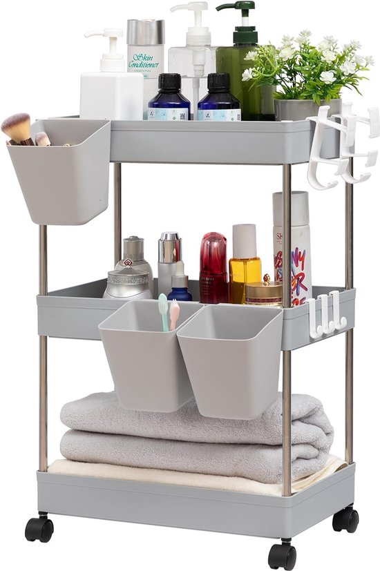 Chariot De Rangement 3 Niveaux à Roulettes - 69x33x22 Cm - Cadre ABS Robuste - Mobile Et Multifonction - Pour Cuisine, Salon, Buanderie