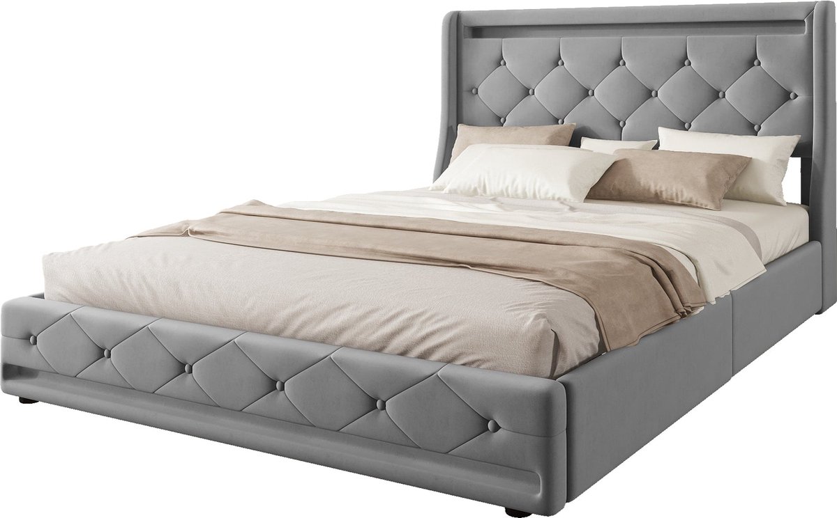 Merax Gestoffeerd Bed 140 x 200 cm - Bed met Lattenbodem (zonder Matras) - Ferngesteuertes Ambientelicht - 4 Opberglades - Velours - Grijs