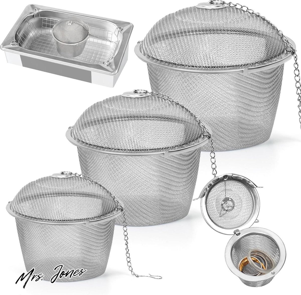 Mrs. Jones Winter Shore Ultrasone Schoonmaak Mandjes 3 Pak Roestvrij Stalen Mandjes voor Ultrasone Reiniger - Houder voor Schoonmaak Accessoires met Deksel Draaibaar Gesp Slot & Ketting met Haak .