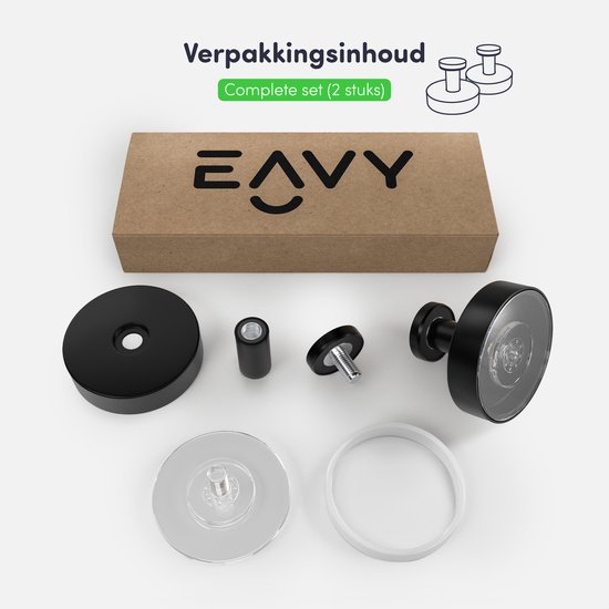 Inhoud van de verpakking voor een set van twee Eavy zuighaken, met alle componenten uitgestald.