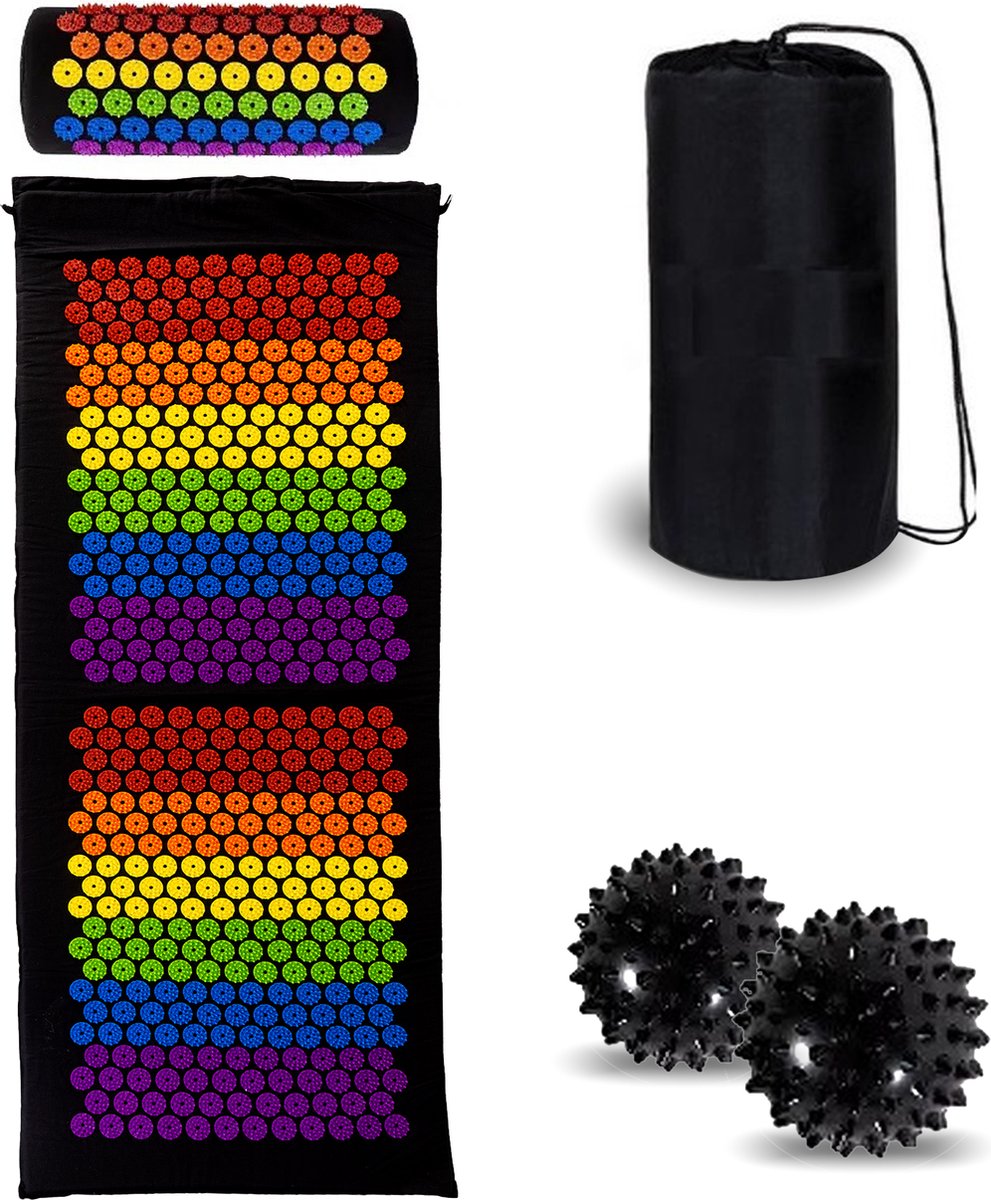 Goedkoopste Acupressuur mat XL met spijkerkussen - Spijkermat XL met kussen Incl. 2x Triggerpoint ballen & draagtas - 130x47x2cm - Shakti mat - chakra kleuren