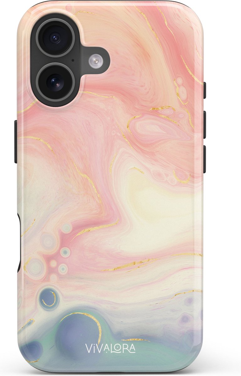 VivaLora Tough Telefoonhoesje iPhone 16 met MagSafe - Bubble Swirl Print - 2-in-1 Phone Case - Hard Case & Siliconen Backcover - Extra Bescherming - Shockproof Cover - Marble Roze