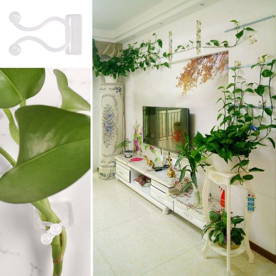 Witte clips en een klimplant langs een muur in een woonkamer met tv-meubel.