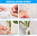 Installatiestappen: trek de beschermfolie eraf, bevestig de clips, plaats de plantenstengel, roteer om de wijnrank vast te zetten.