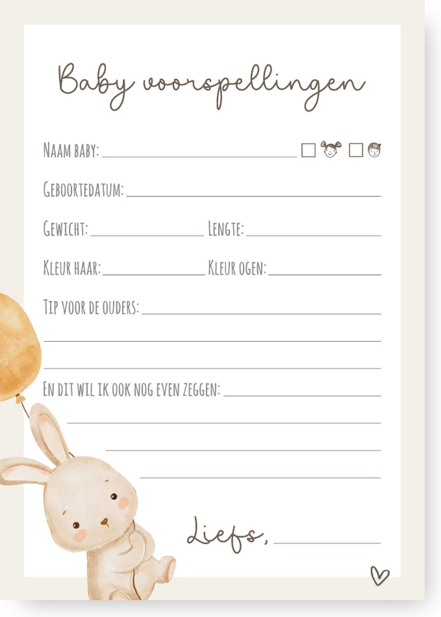 Unieke Ukkies Babyshower invulkaarten Bunny - 25 stuks - A6 formaat