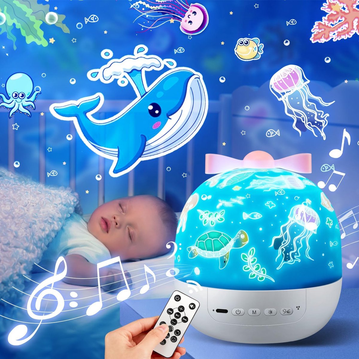 Nachtlampje voor baby's en kinderen, 15 films + 105 modi, 10 slaapliedjes, muziek en licht, oplaadbaar, 360 graden rotatie, sterrenhemelprojector