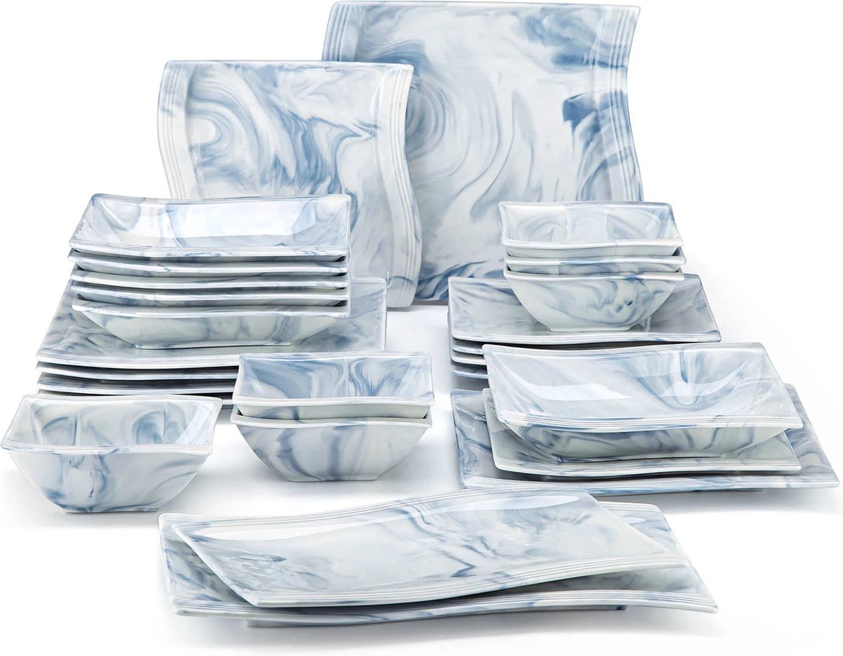 Luxe Serviesset – 26 delig – 6 persoons – Porselein - Bordenset – Dinner platen – Dessertborden - Pasabord - Kommen - Onderbord - Marmerblauw