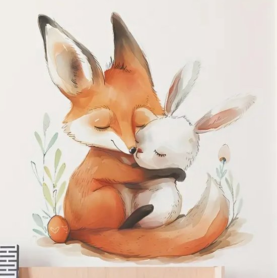 Een oranje vosje knuffelt een wit konijntje in een aquarel stijl, omringd door takjes.