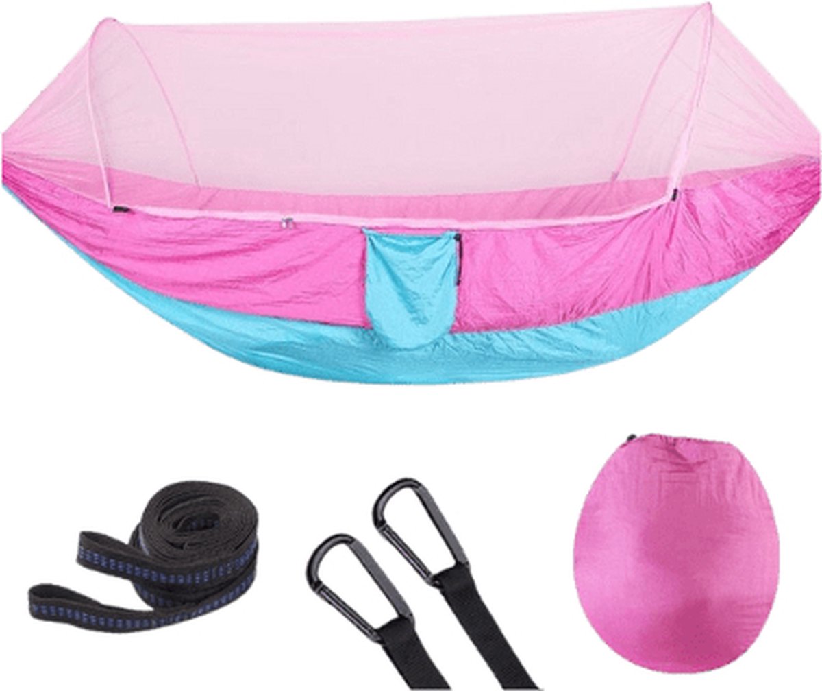 Reishangmat met Muggennet 1 Persoons – Roze/blauw - Ideale hangmat voor op reis, gemaakt van ademend parachutestof. Slechts 750 gram en zeer compact, perfect voor wandelen, fietsen. Met muggennet voor bescherming tegen insecten.