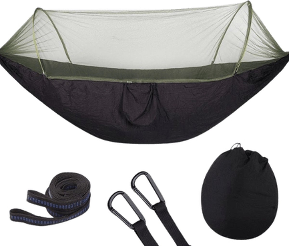 Reishangmat met Muggennet 1 Persoons – Zwart - Ideale hangmat voor op reis, gemaakt van ademend parachutestof. Slechts 750 gram en zeer compact, perfect voor wandelen, fietsen. Met muggennet voor bescherming tegen insecten.