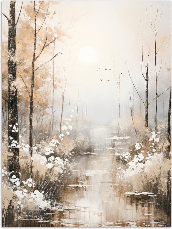Poster 30x40 cm - Abstract - Verf - Bos - Beige - Bomen - Posters - Kamer decoratie - Wanddecoratie woonkamer - Muurdecoratie slaapkamer - Kerstversiering - Kerstdecoratie voor binnen - Kerstmis