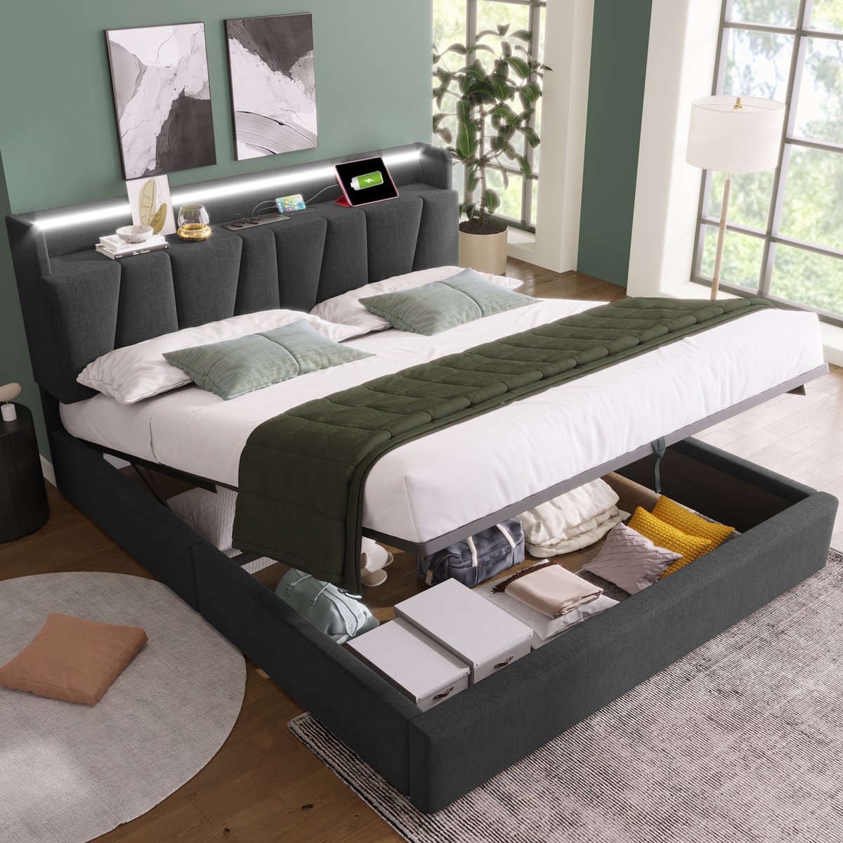 Sweiko Gestoffeerd tweepersoonsbed met oplaadbare USB-functie en LED-verlichting, 140x200 cm, opbergbed, houten lattenbodem, grijs