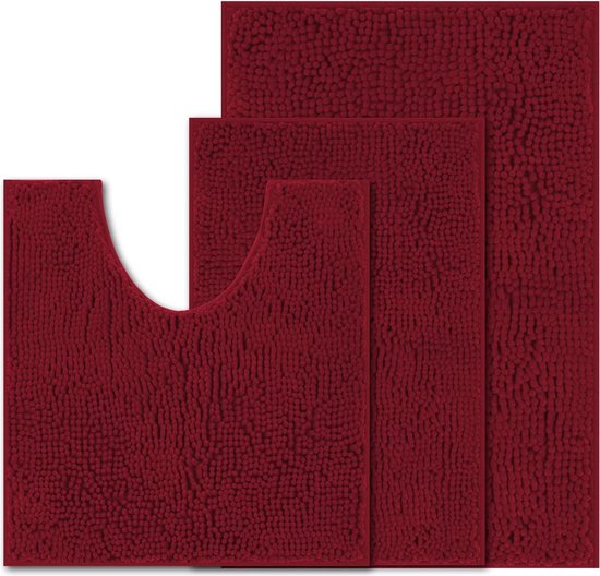 Ensemble de salle de bain - Set de 3 Tapis de salle de bain en chenille confortables et élégants en rouge vin