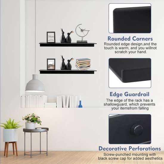 Zwarte aluminium wandplank met afgeronde hoeken, randbescherming en decoratieve schroefdoppen.