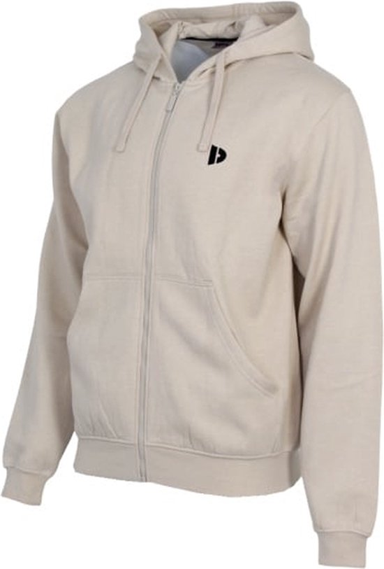 Beige hoodie met rits, logo op de borst, van voren.