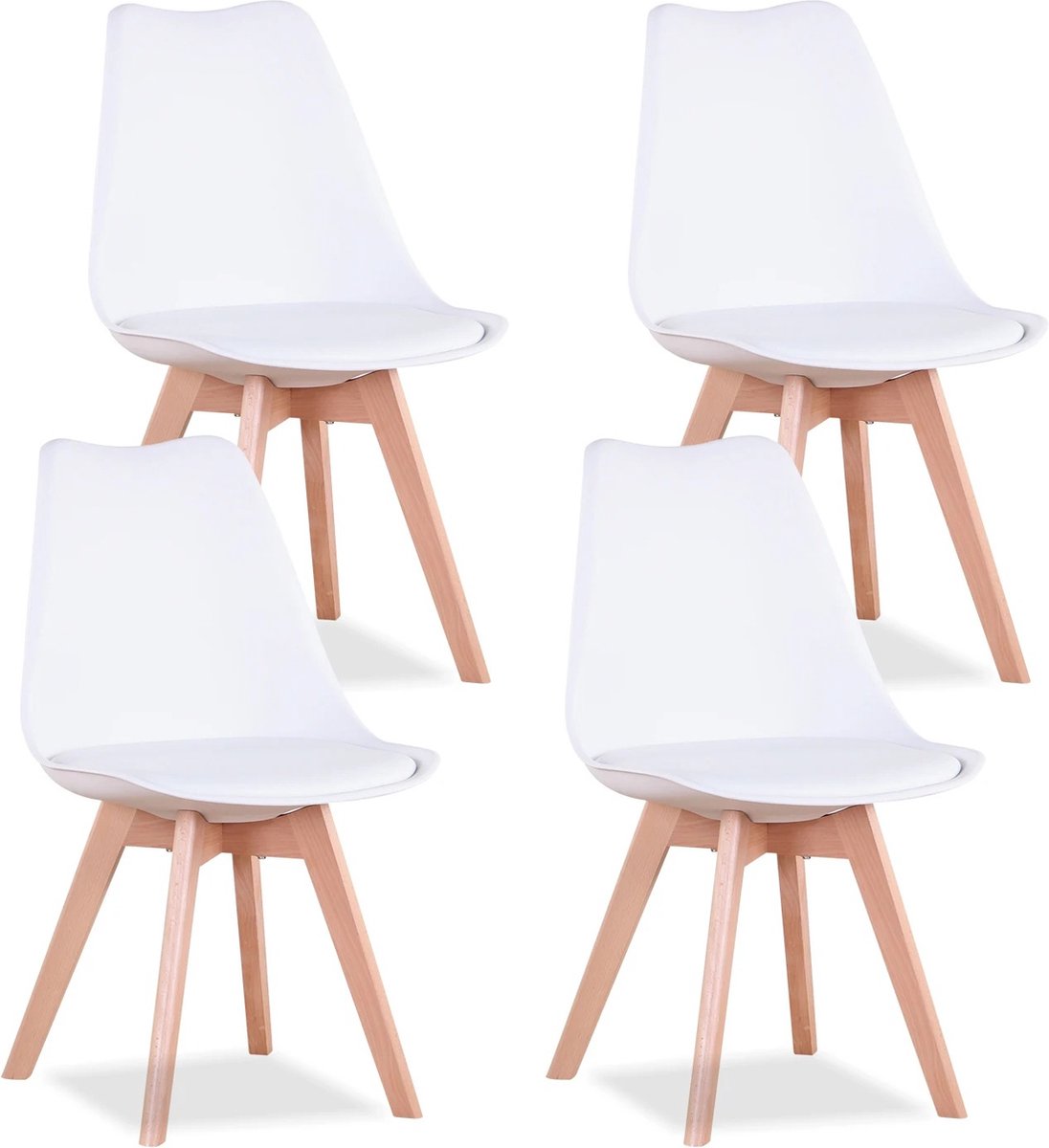 Botec set van 4 witte stoelen - Nordic stijl - gewatteerde zitting - beukenhouten poten - woonkamer/kantoor stoelen