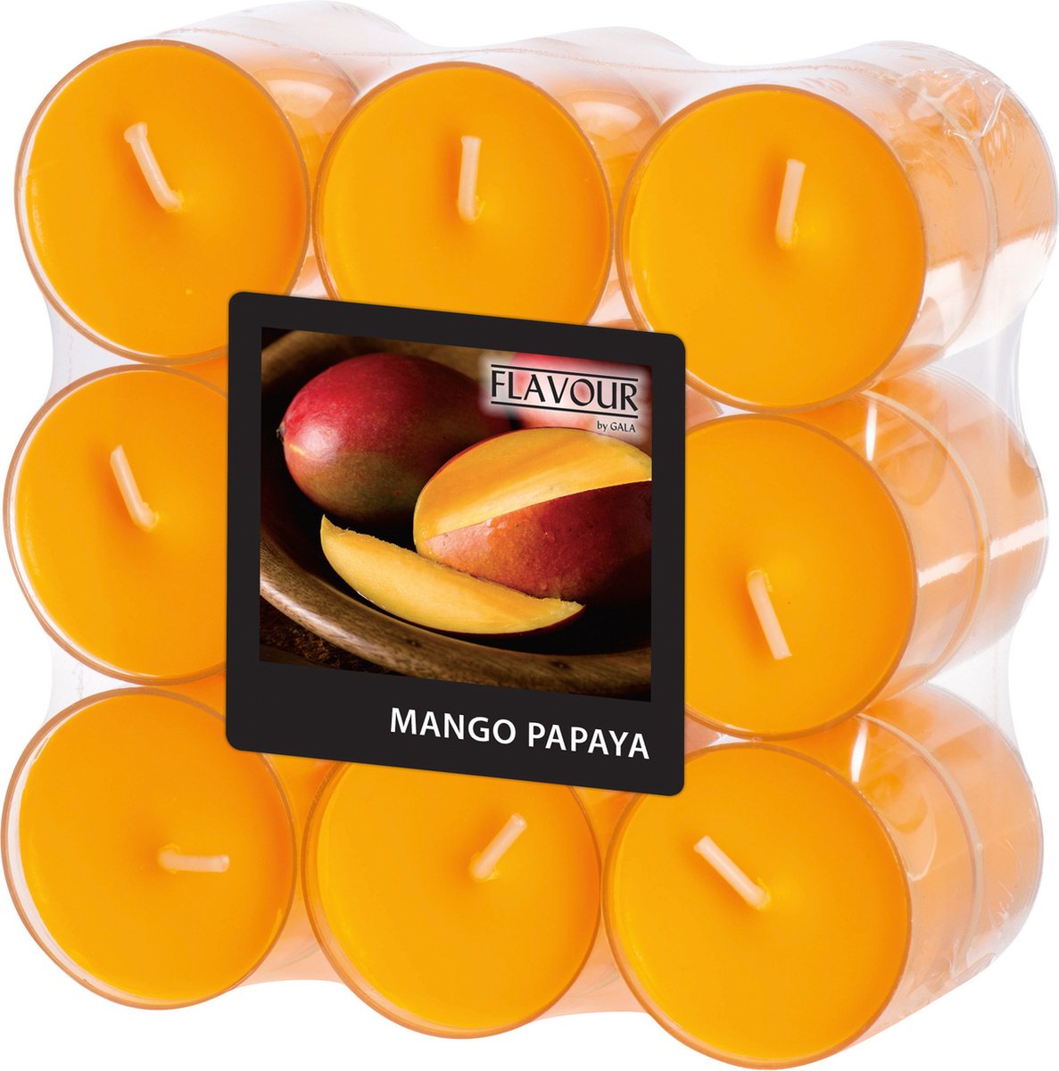 Conpax Candles Geur theelichtjes/waxinelichtjes - transparant - 18x - Mango-papaya aroma - 6 branduren Donkergeel