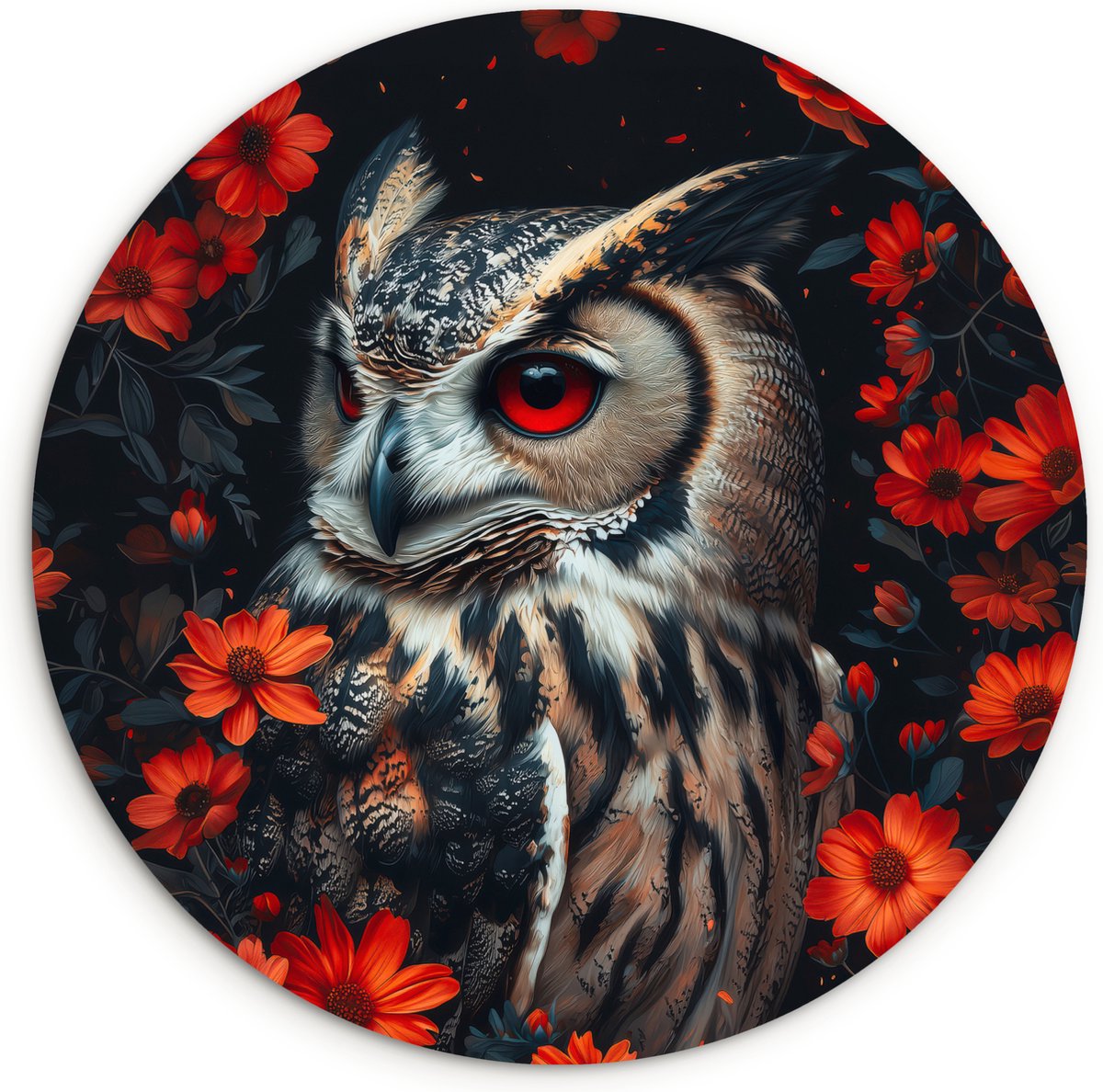 WallCircle Wandcirkel 140x140 cm - Muurcirkel Uil - Bosdieren - Rode bloemen - Natuur - Muurdecoratie woonkamer - Wanddecoratie slaapkamer - Kamer decoratie accessoires - Ronde schilderijen