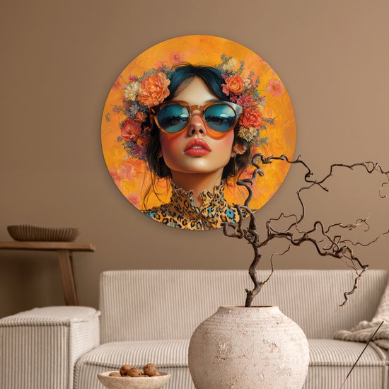 WallCircle - Cercle mural 60x60 - Femme - Fleurs - Esthétique - Oranje - Tableaux ronds salon - Plaque murale ronde - Cercle de Décoration murale - Décoration de chambre à l'intérieur - Cercle mural de Décoration murale - Accessoires de maison